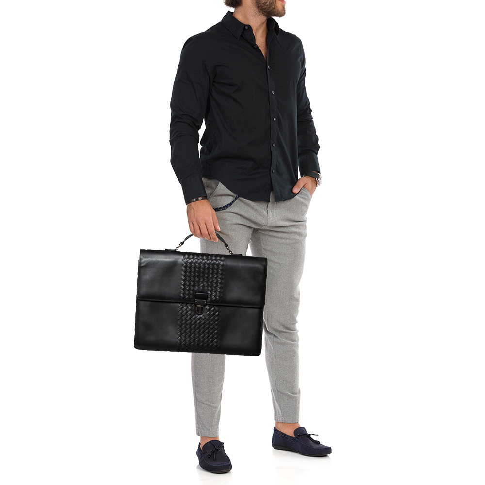 

Bottega Veneta Black Intrecciato Leather Flap Briefcase