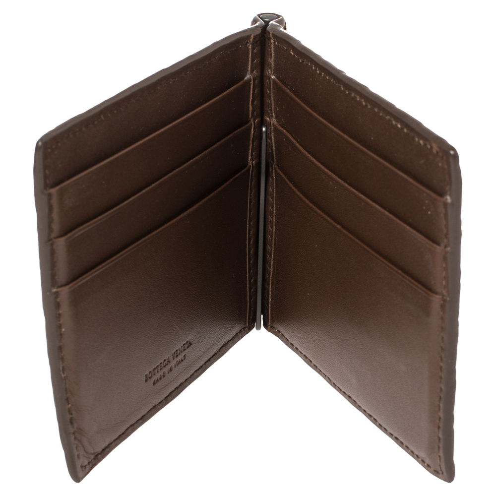 

Bottega Veneta Brown Intrecciato Leather Money Clip Bifold Wallet
