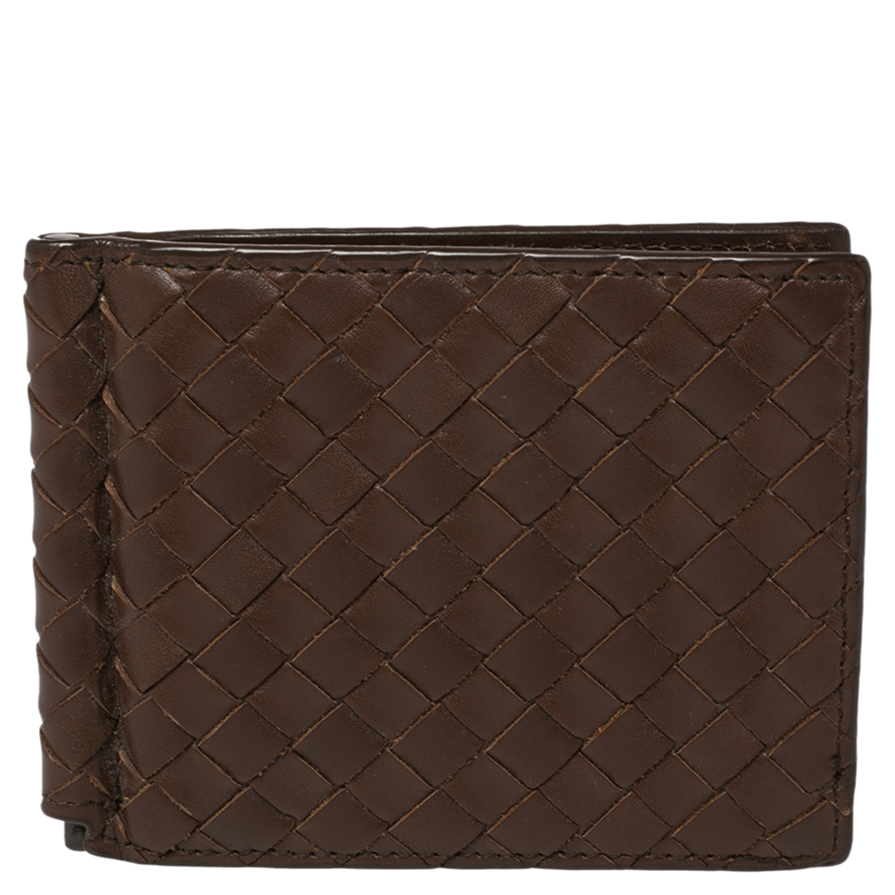 Click to view more detailed imagery on our partner's website Pre-owned Bottega Veneta Brown Intrecciato Leather Money Clip Bifold Wallet