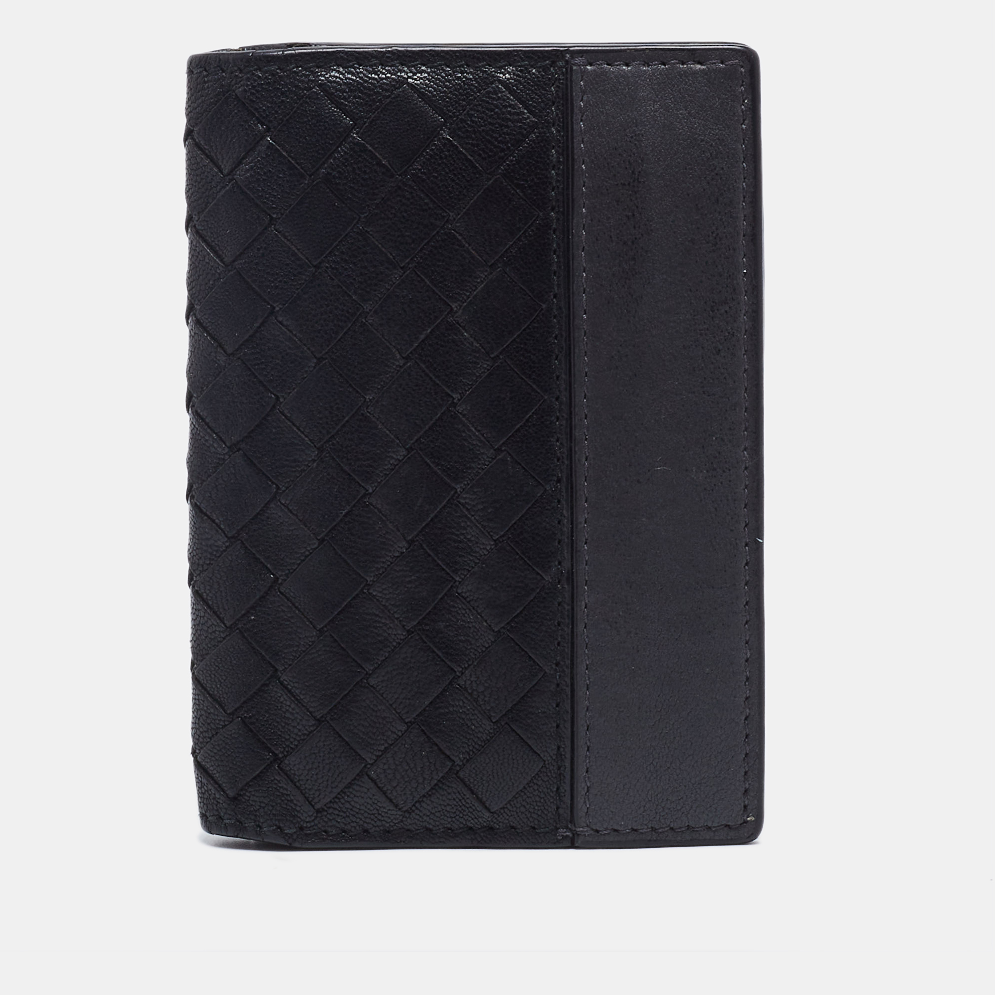 Pre-owned Bottega Veneta Black/grey Intrecciato Leather Bifold Compact Wallet