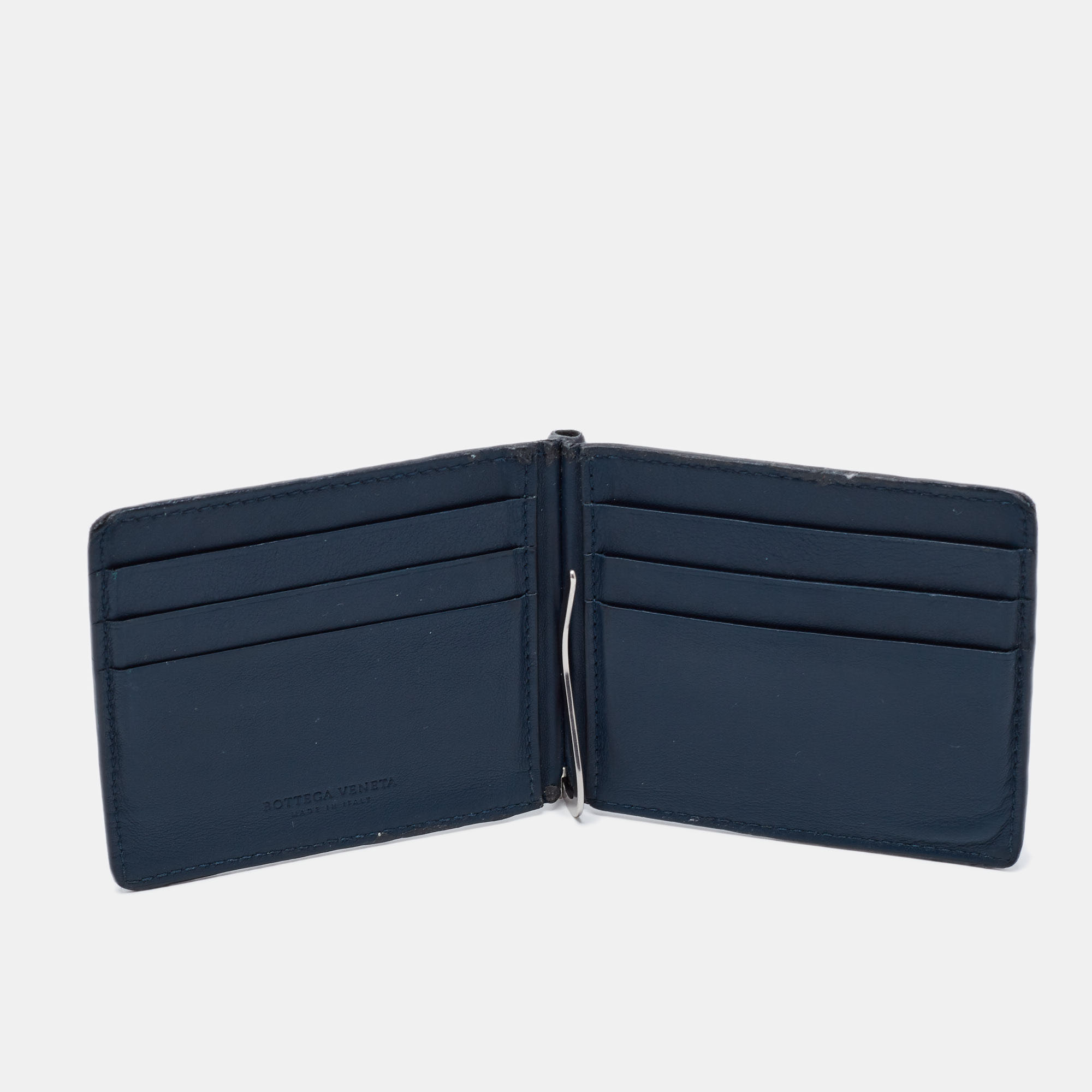 

Bottega Veneta Navy Blue Intrecciato Leather Money Clip Bifold Wallet