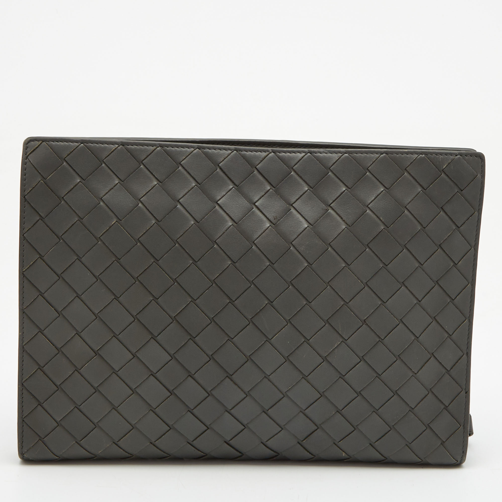 Bottega Veneta Grey Intrecciato Leather Zip Wristlet Clutch
