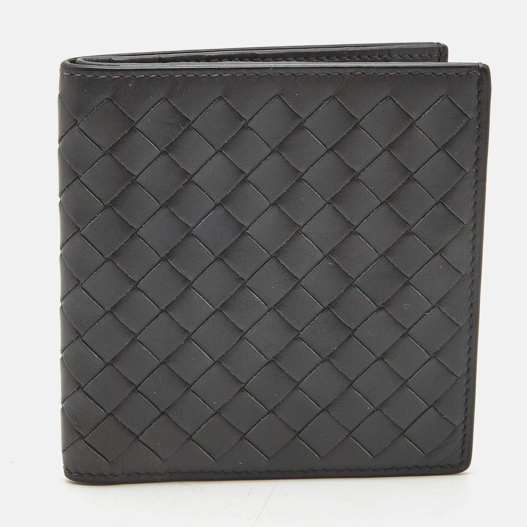 Pre Owned Bottega Veneta Dark Grey Intrecciato Leather Bifold Compact Wallet