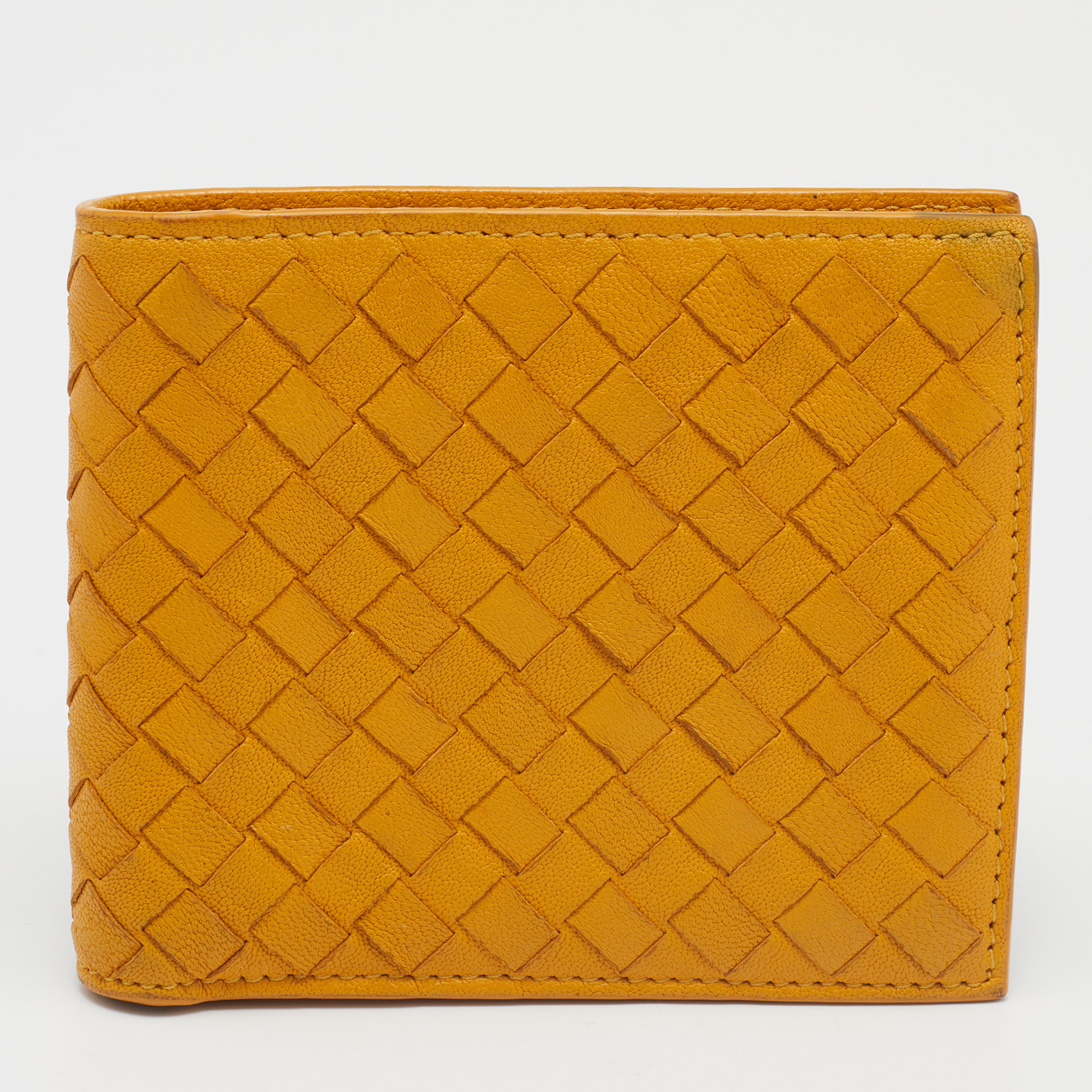 Pre-owned Bottega Veneta Mustard Intrecciato Leather Bifold Wallet In Yellow