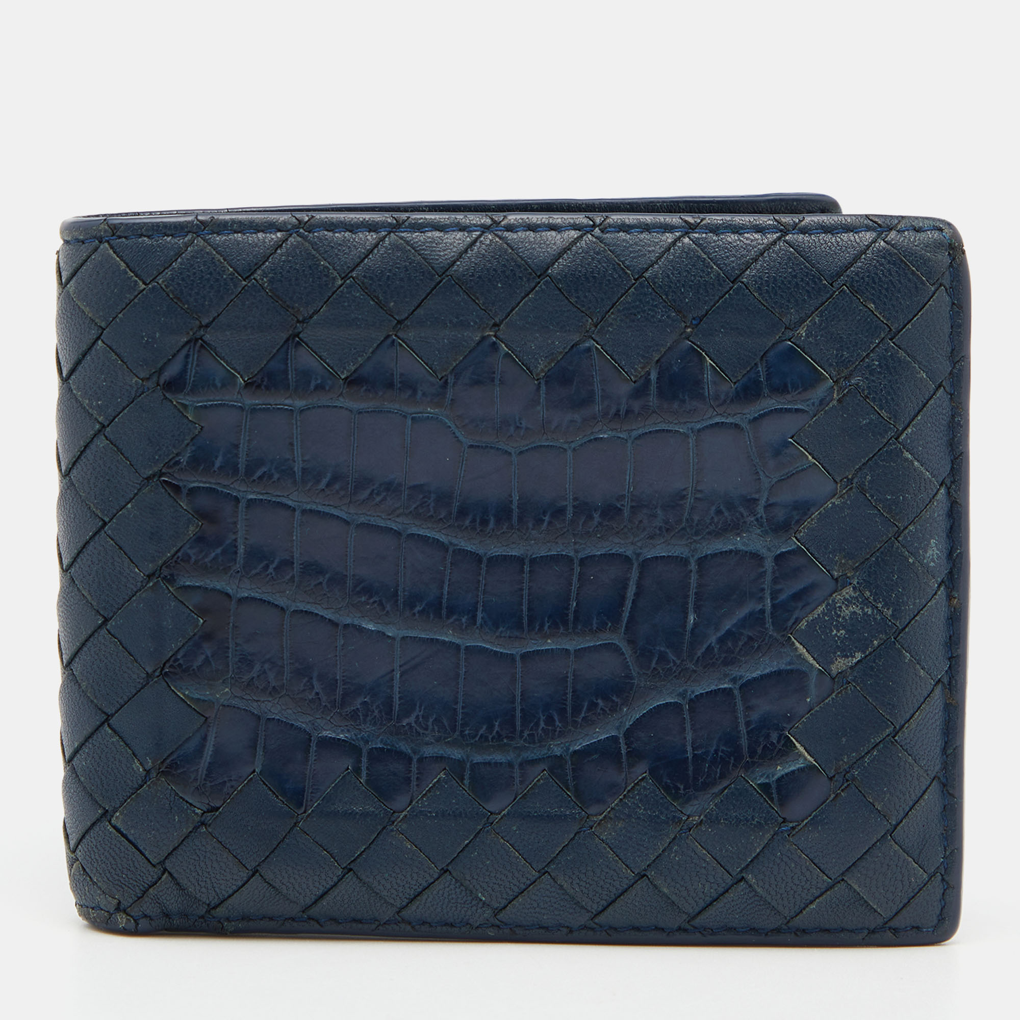 Pre-owned Bottega Veneta Blue Intrecciato Leather And Crocodile Bifold Wallet