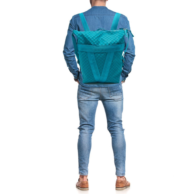 

Bottega Veneta Teal Intreciato Rubber and Canvas Zip Backpack, Green