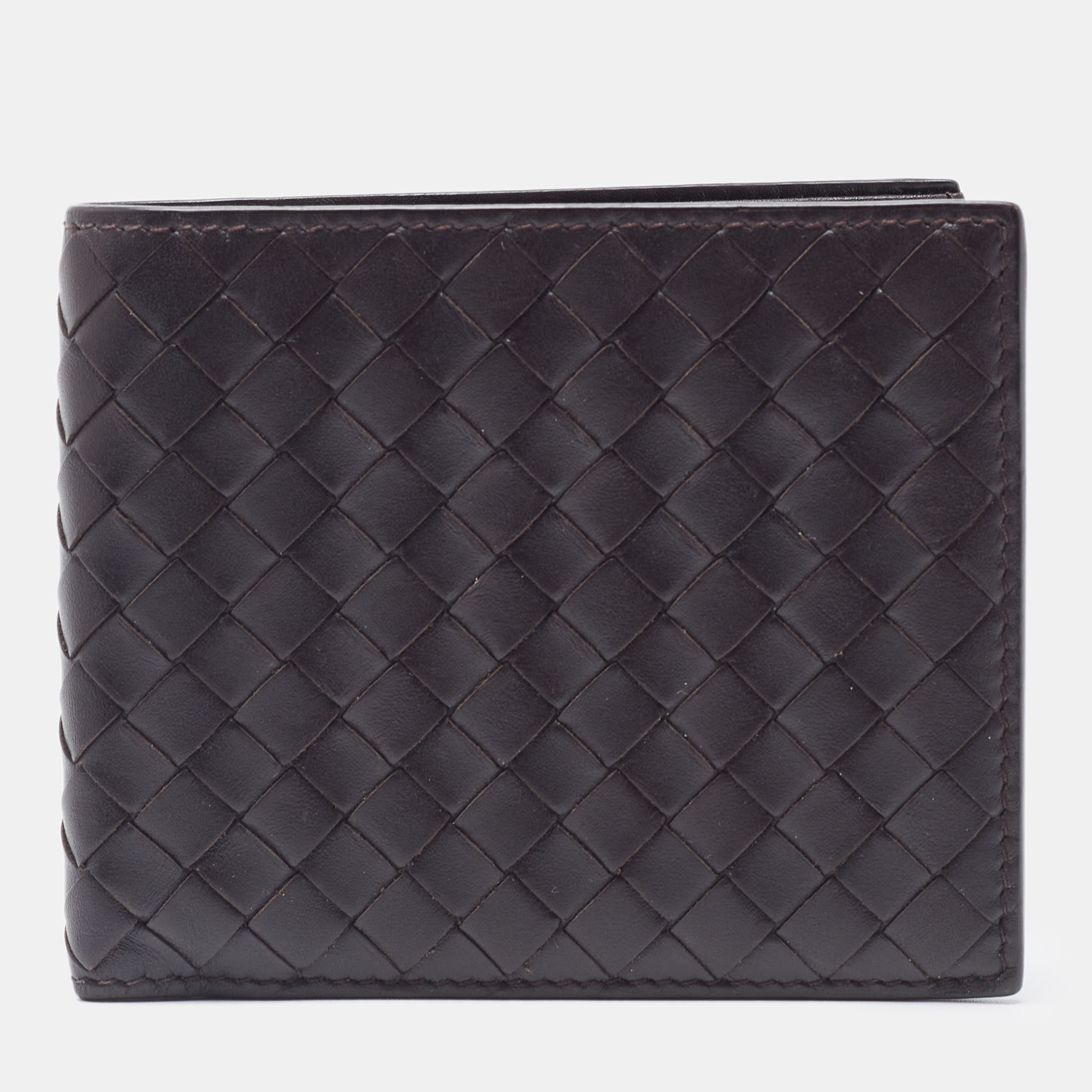 Pre-owned Bottega Veneta Dark Brown Intrecciato Leather Bifold Wallet