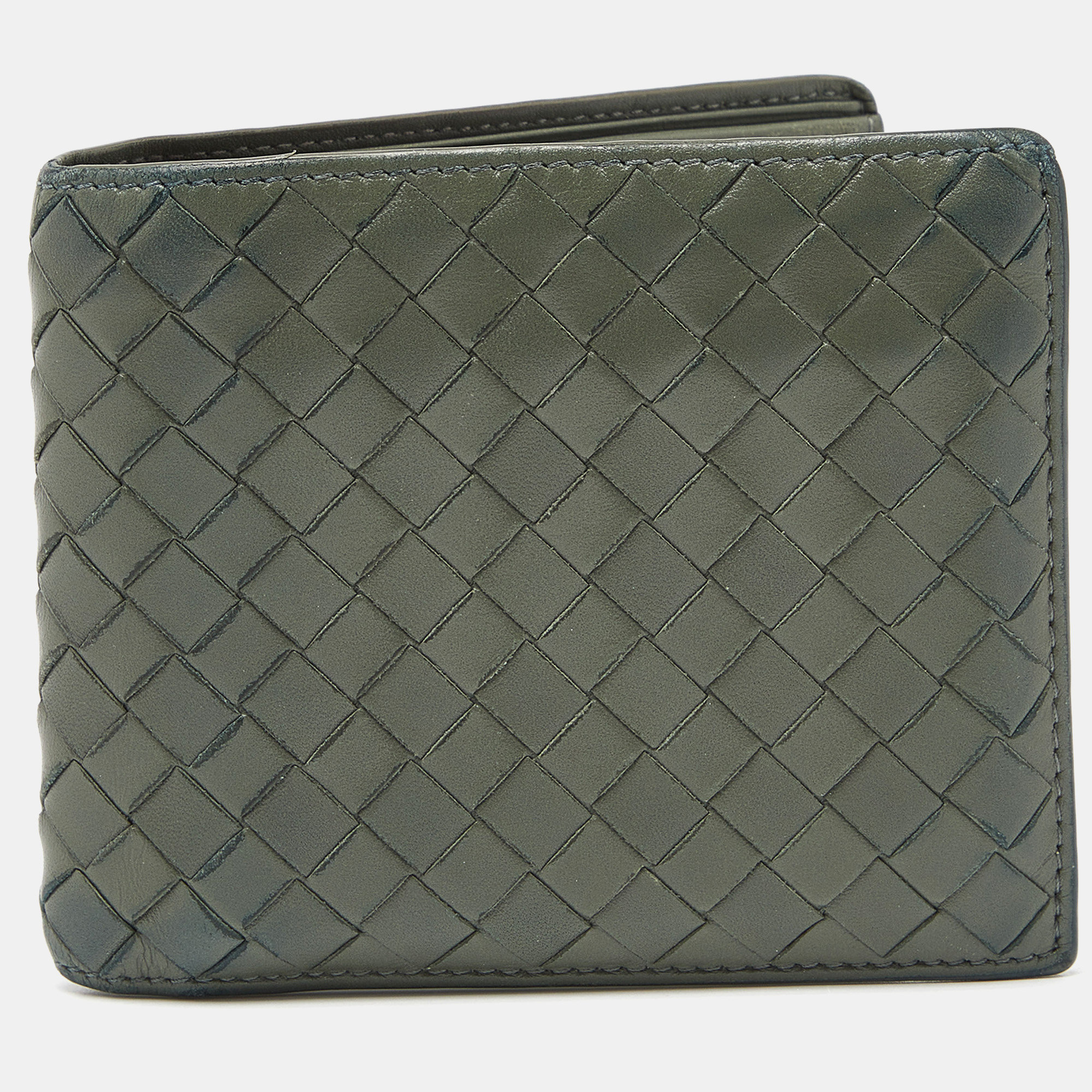 Pre-owned Bottega Veneta Olive Green Intrecciato Leather Bifold Wallet