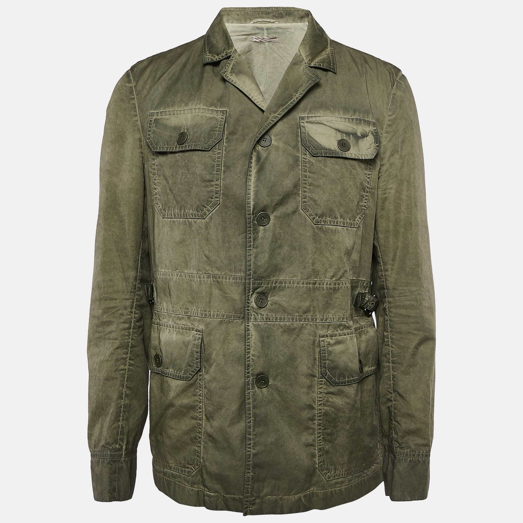 

Bottega Veneta Green Faded Cotton Strap Detail Cargo Jacket XXL