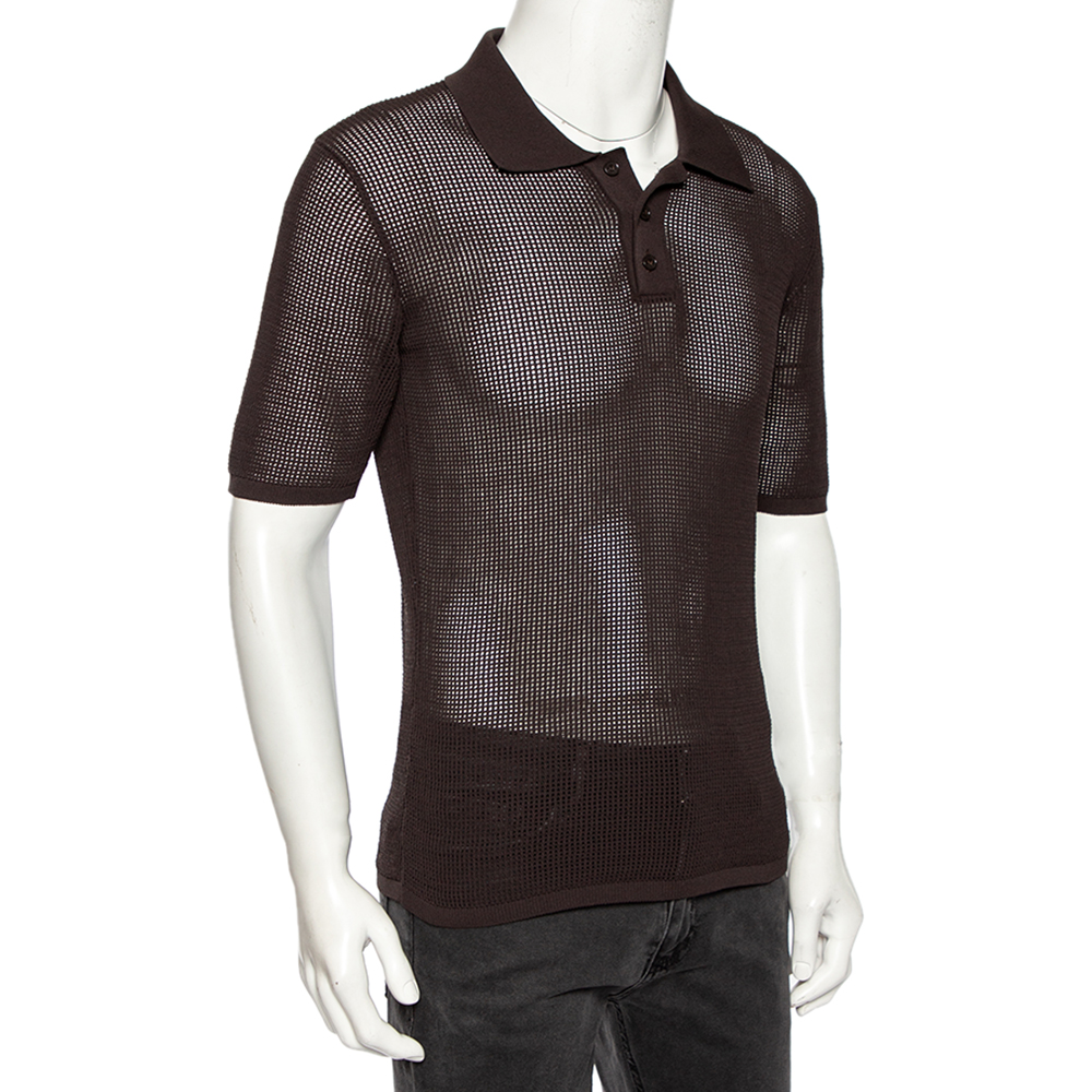 

Bottega Veneta Dark Grey Open Knit Rib Trim Detailed Polo T-Shirt