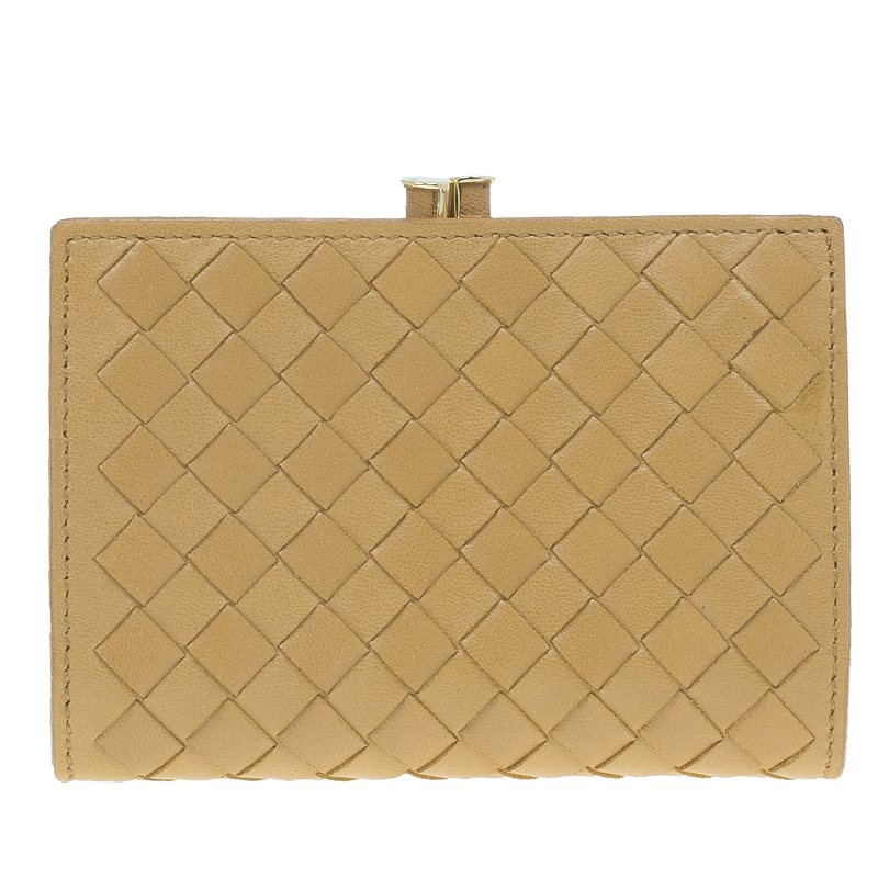 Pre Owned Bottega Veneta Yellow Leather Ebano Woven French Wallet