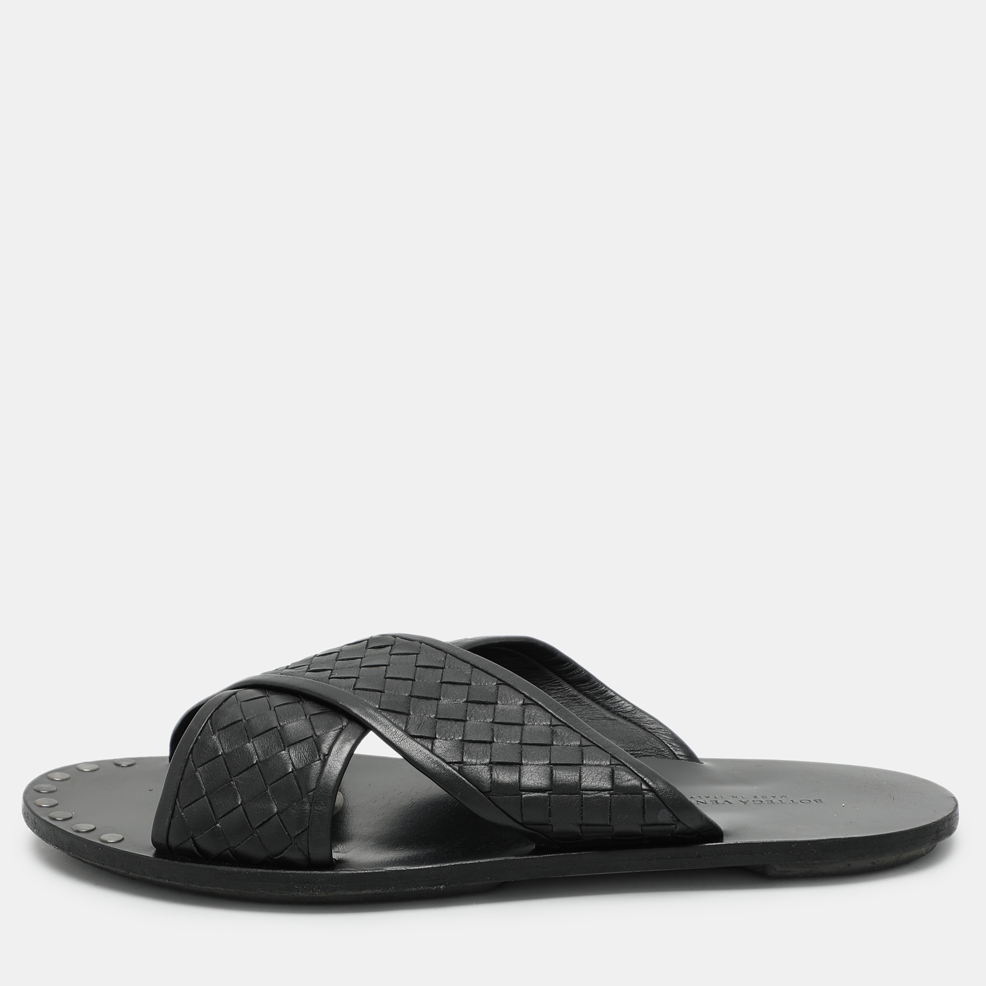 

Bottega Veneta Black Intrecciato Leather Criss Cross Flat Slides Size