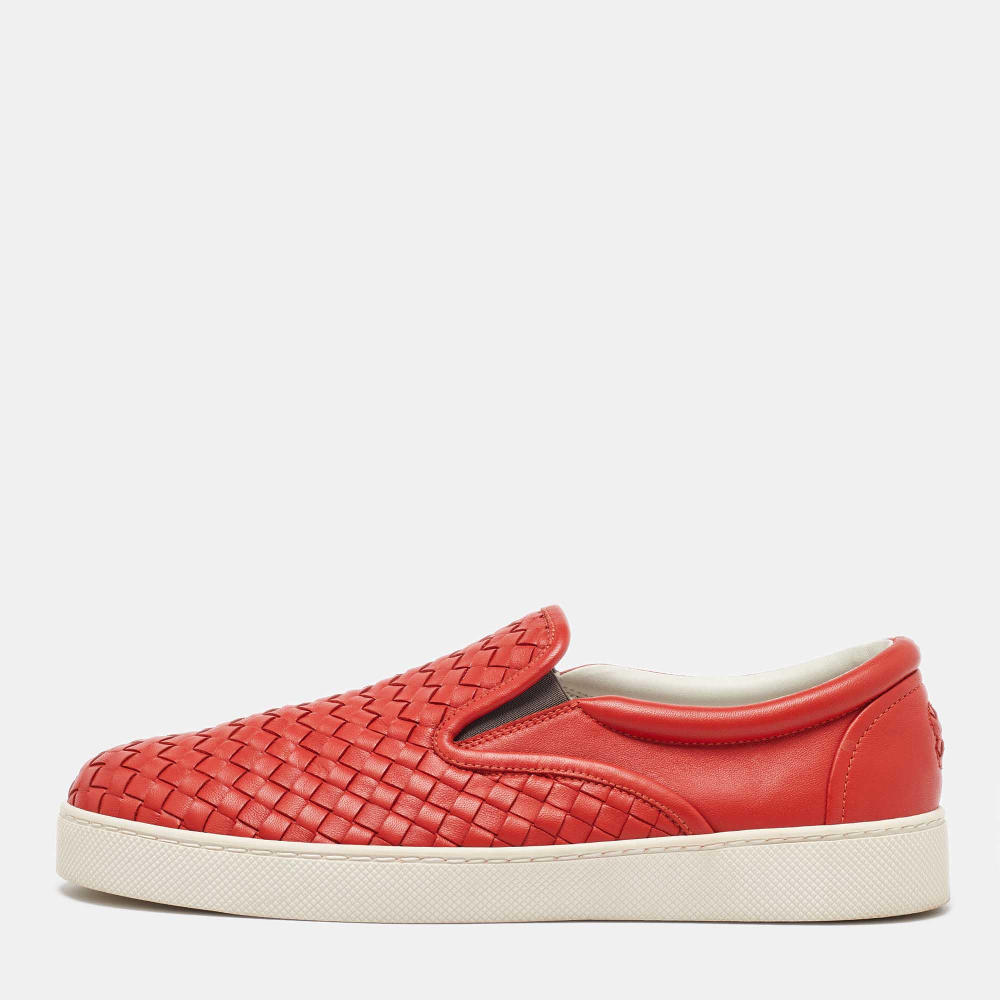 

Bottega Veneta Orange Intrecciato Leather Slip On Sneakers Size