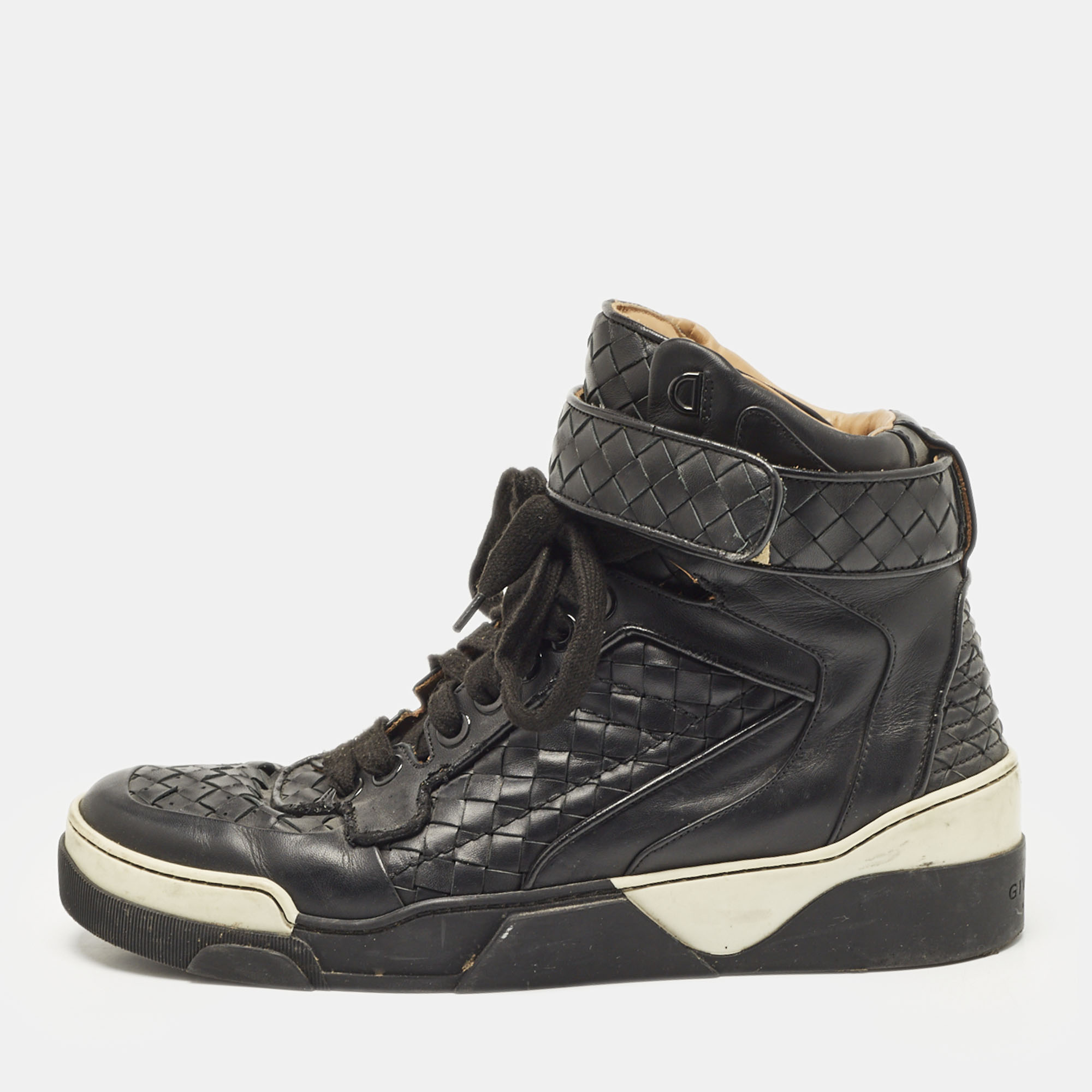 

Bottega Veneta Black Intrecciato Leather High Top Lace Up Sneaker Size