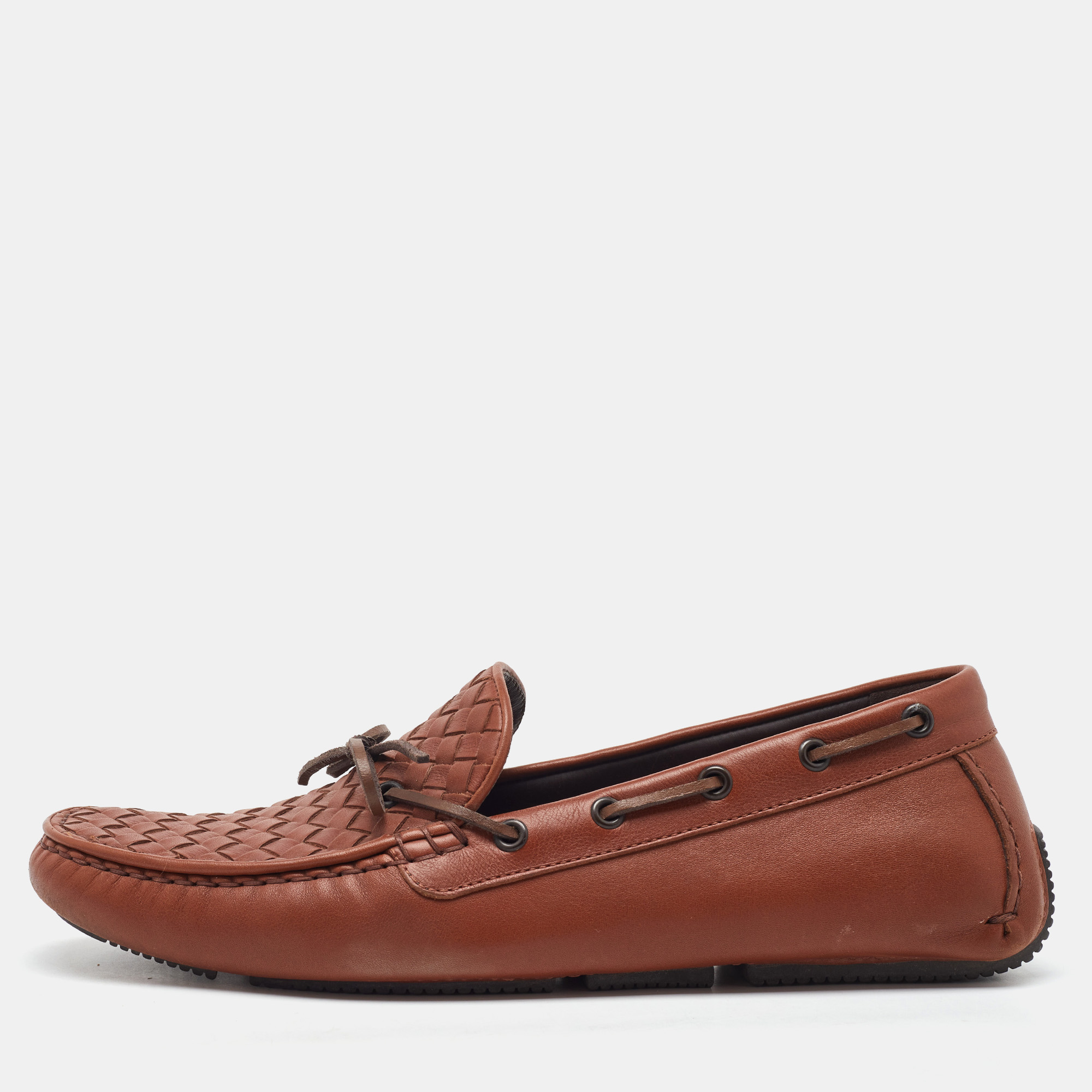 

Bottega Veneta Brown Intrecciato Leather Cervo Wave Driver Bow Loafers Size