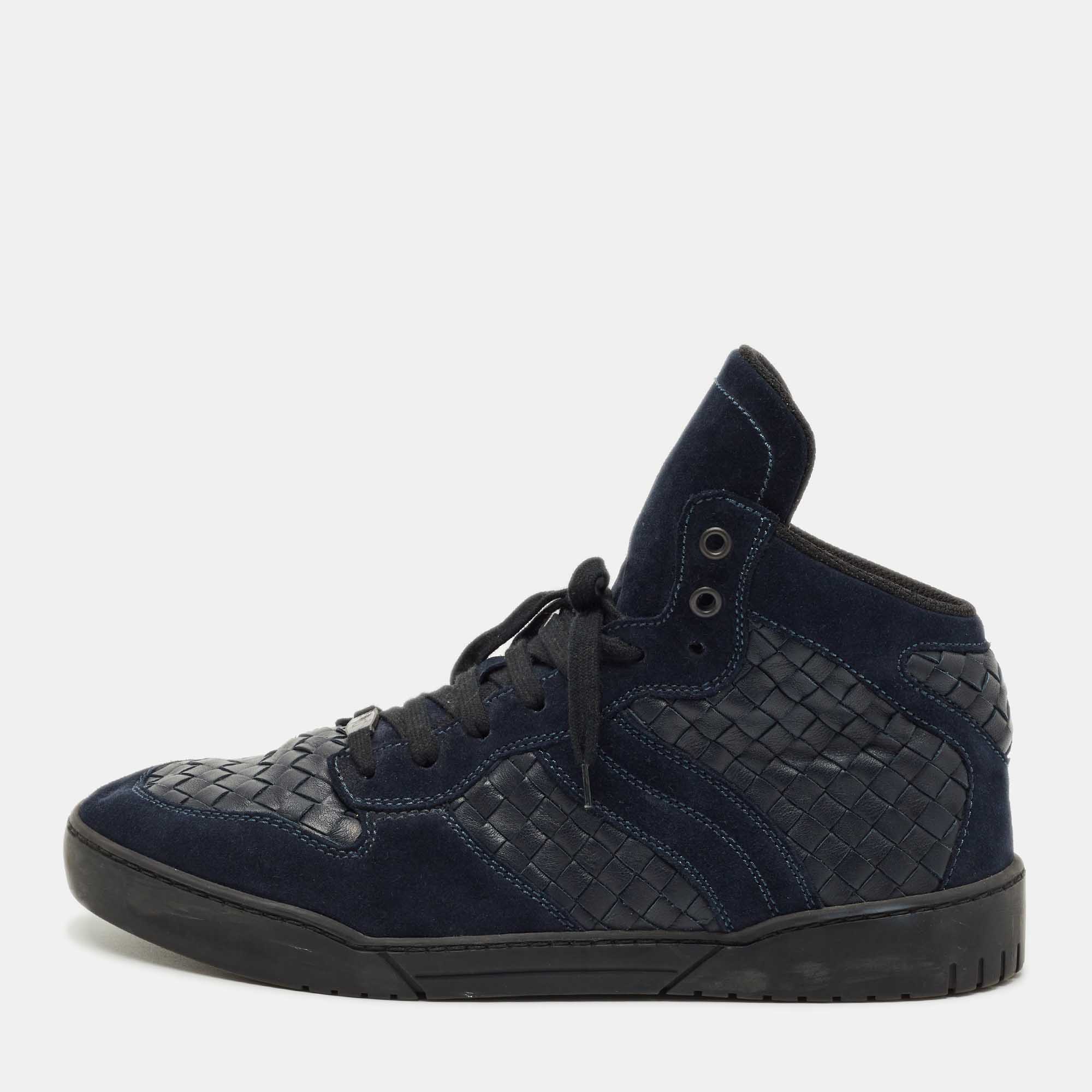 

Bottega Veneta Navy Blue Suede and Intrecciato Leather High Top Sneakers Size