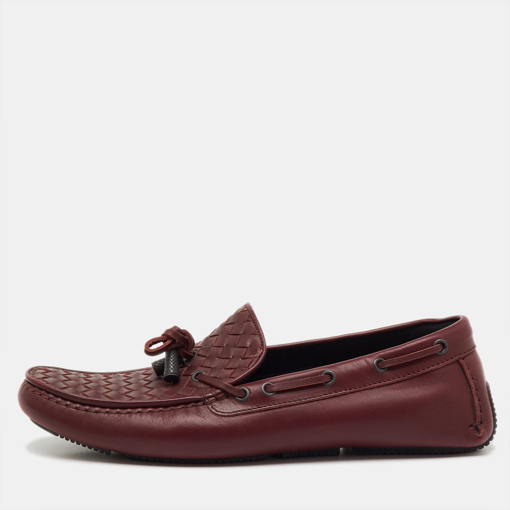 

Bottega Veneta Burgundy Intrecciato Leather Bow Loafers Size