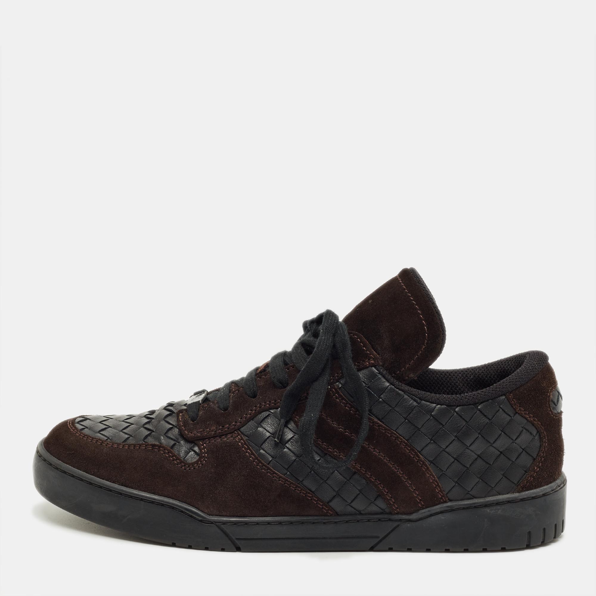 

Bottega Veneta Black/Dark Brown Suede and Woven Leather Intrecciato Lace Up Sneakers Size