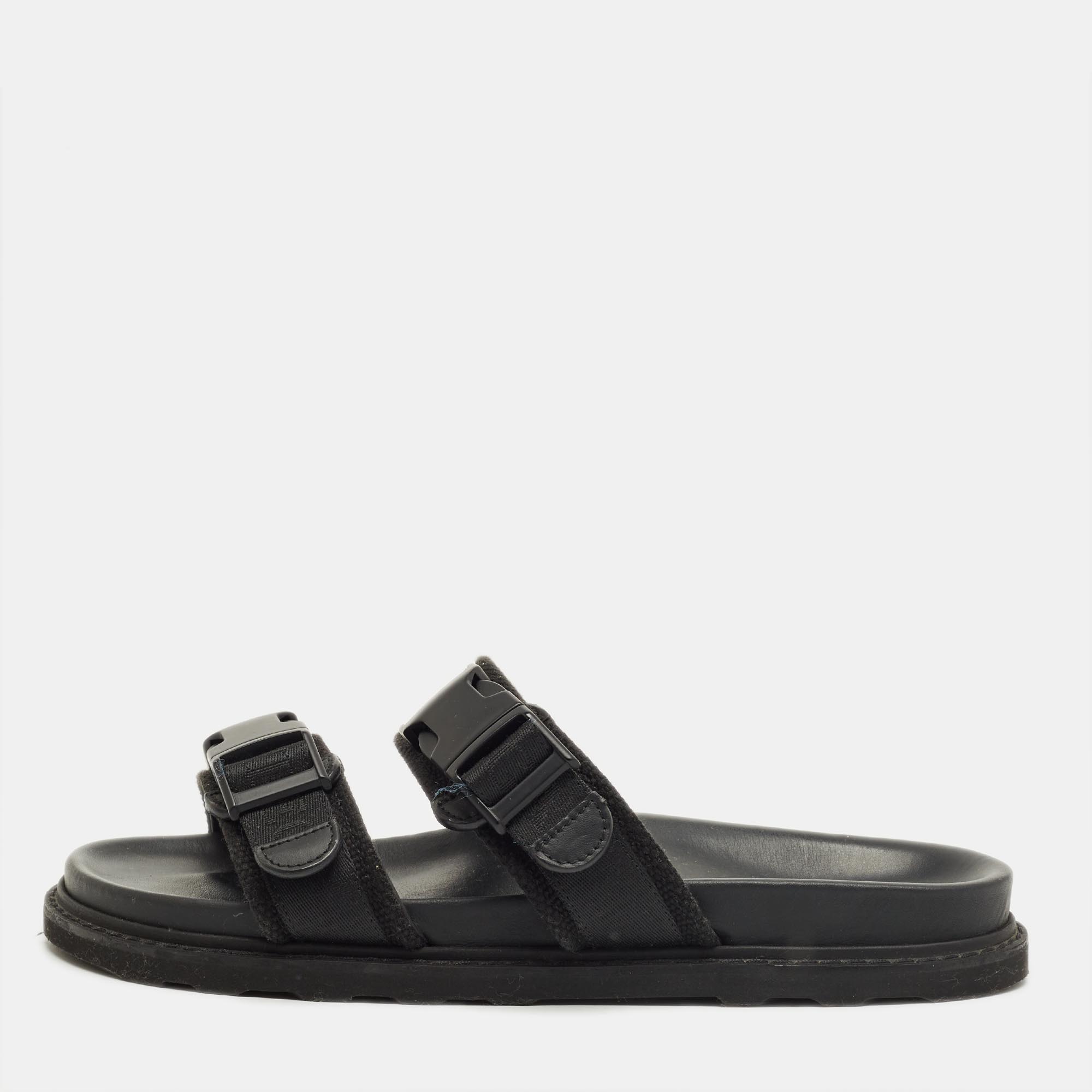 Pre-owned Bottega Veneta Black Fabric Logo Flat Slide Size 43