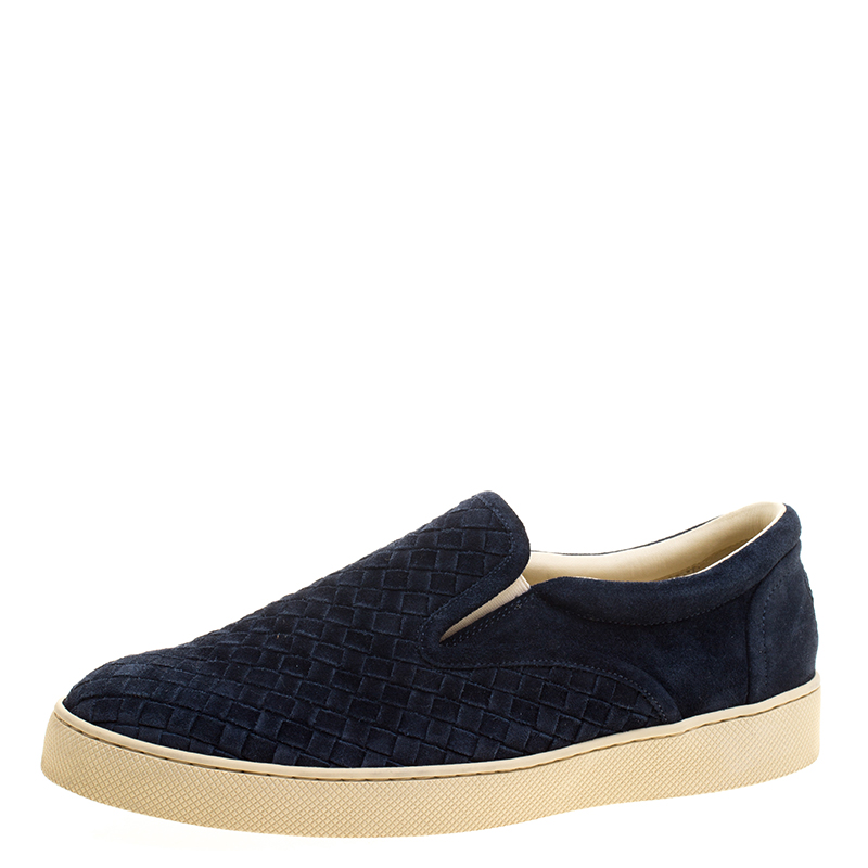 Pre Owned Bottega Veneta Oxford Blue Intrecciato Suede Slip On Sneakers Size 43