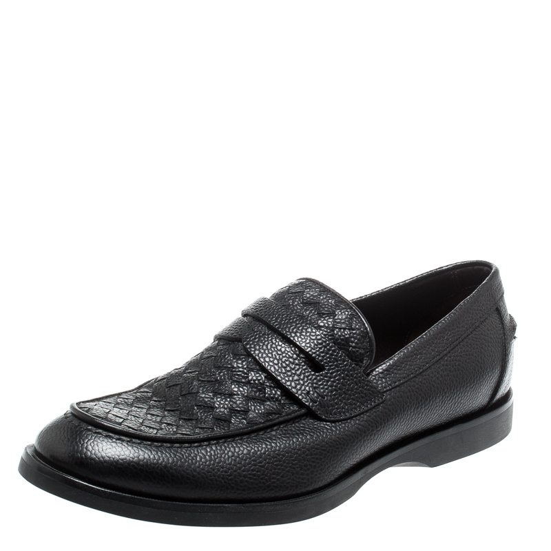 Pre Owned Bottega Veneta Black Intrecciato Leather Penny Loafers Size 42