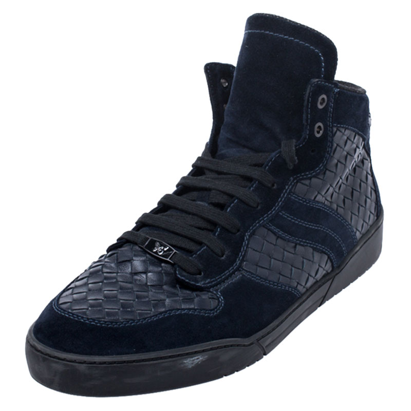 Bottega Veneta Blue Suede And Intrecciato Leather High Top Lace Up Sneaker Size 44