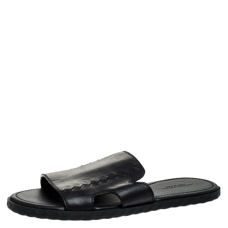 Bottega Veneta Black Leather Zig Zag Inlay Detail Plage Slip On Sandals Size 42