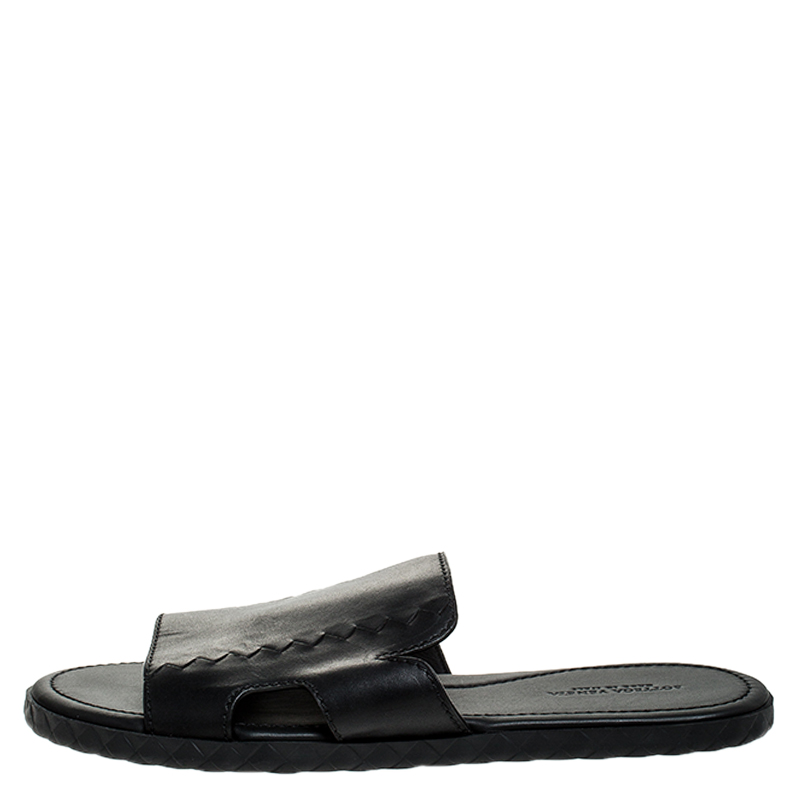 

Bottega Veneta Black Leather Zig Zag Inlay Detail Plage Slip On Sandals Size