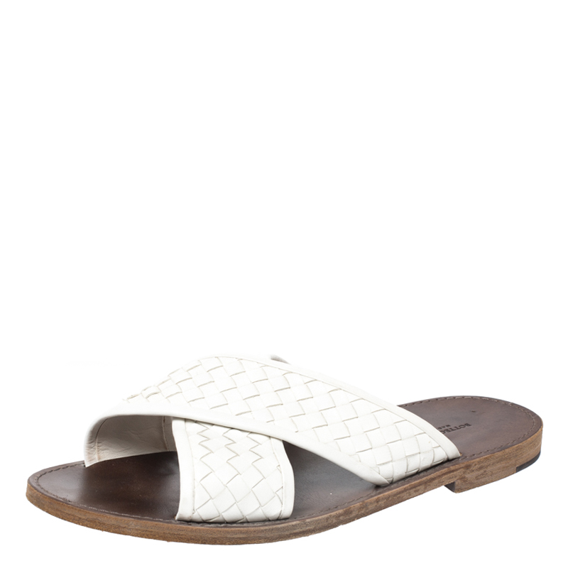 Pre Owned Bottega Veneta White Criss Cross Intrecciato Leather Flat Slides Size 43
