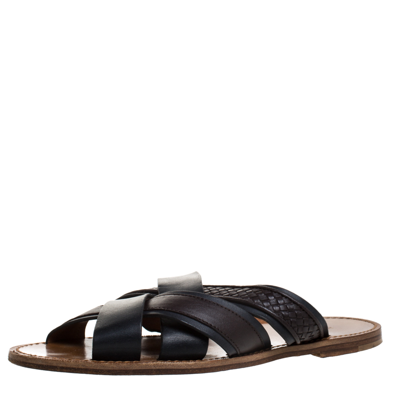 Bottega Veneta Black/Brown Leather Crisscross Slide Sandals Size 44