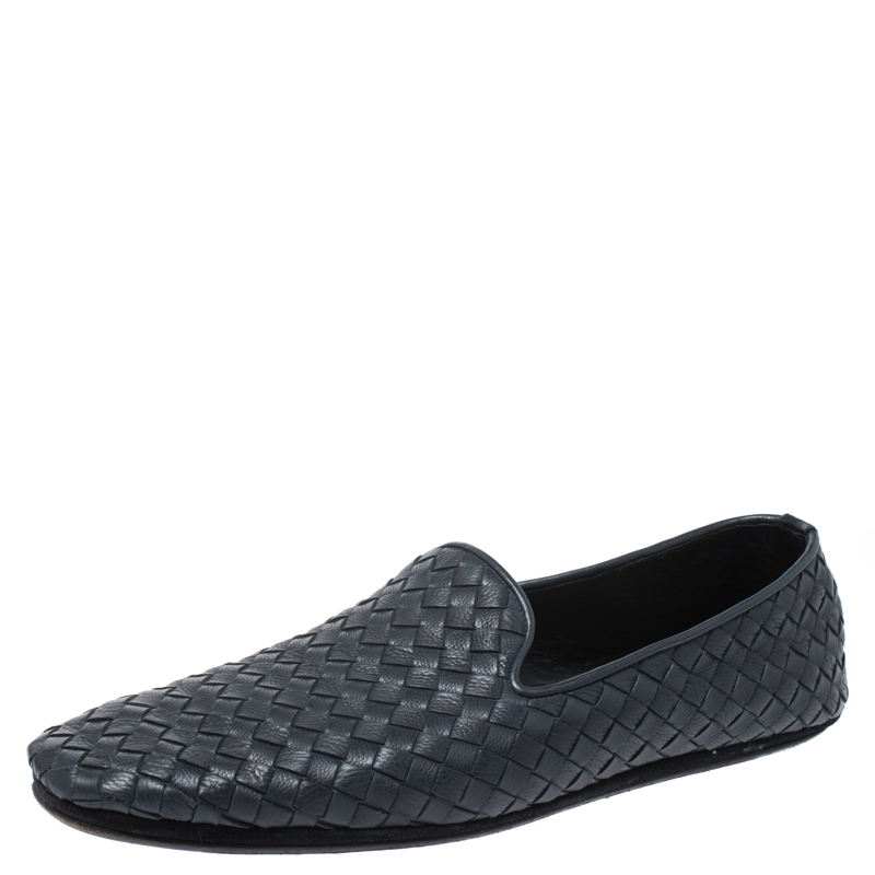 مملوكة مسبقًا Bottega Veneta Blue Intrecciato Leather Smoking Slippers Size 40.5