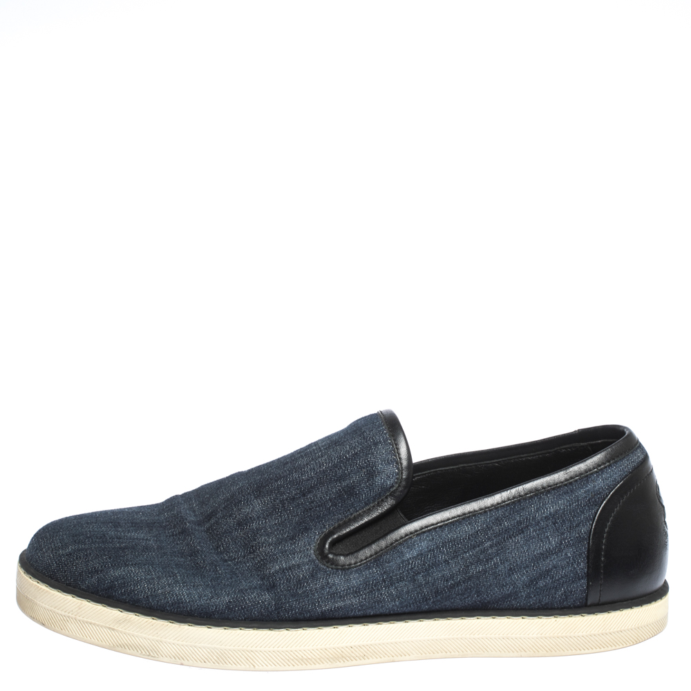 

Bottega Veneta Blue Denim And Black Leather Trim Slip On Sneakers Size