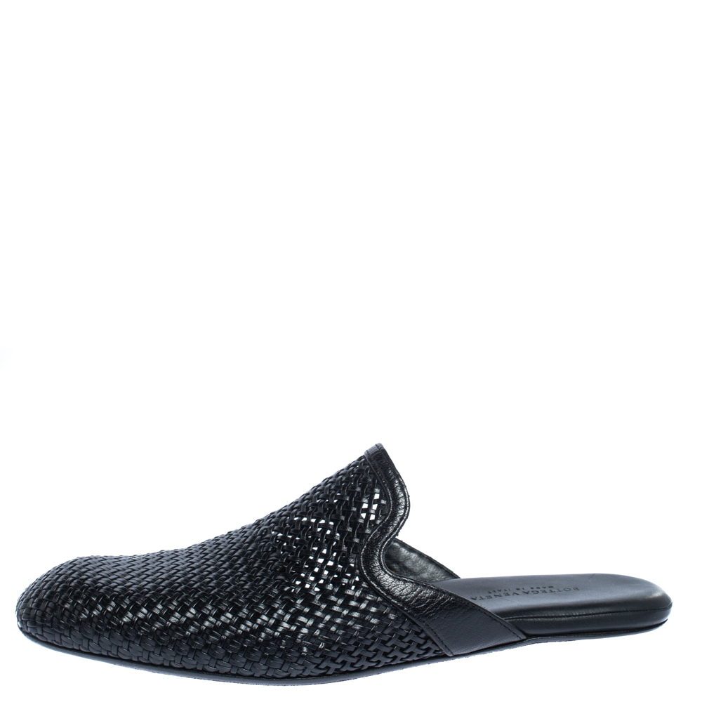 

Bottega Veneta Black Woven Leather Espresso Fiandra Mules Size