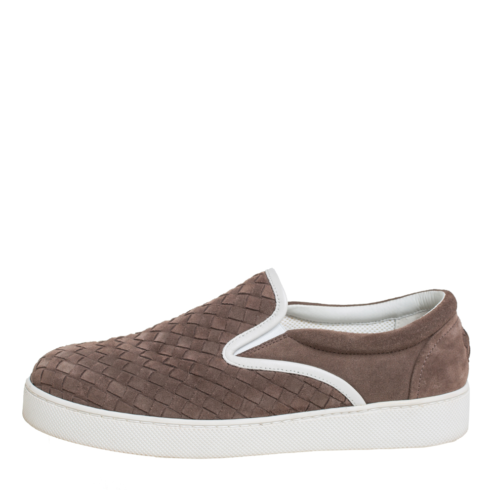

Bottega Veneta Brown Intrecciato Suede Slip On Sneakers Size
