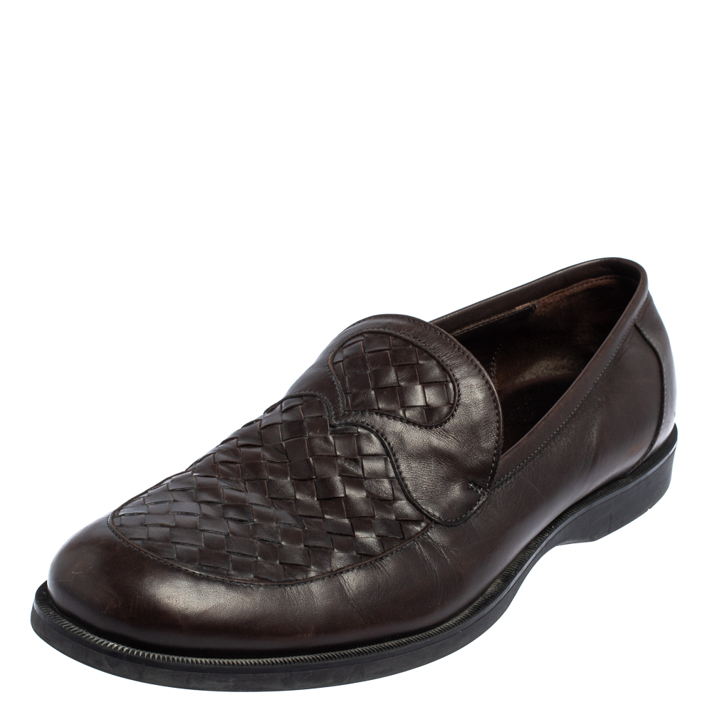 Pre-owned Bottega Veneta Brown Intrecciato Leather Slip On Loafers Size 45