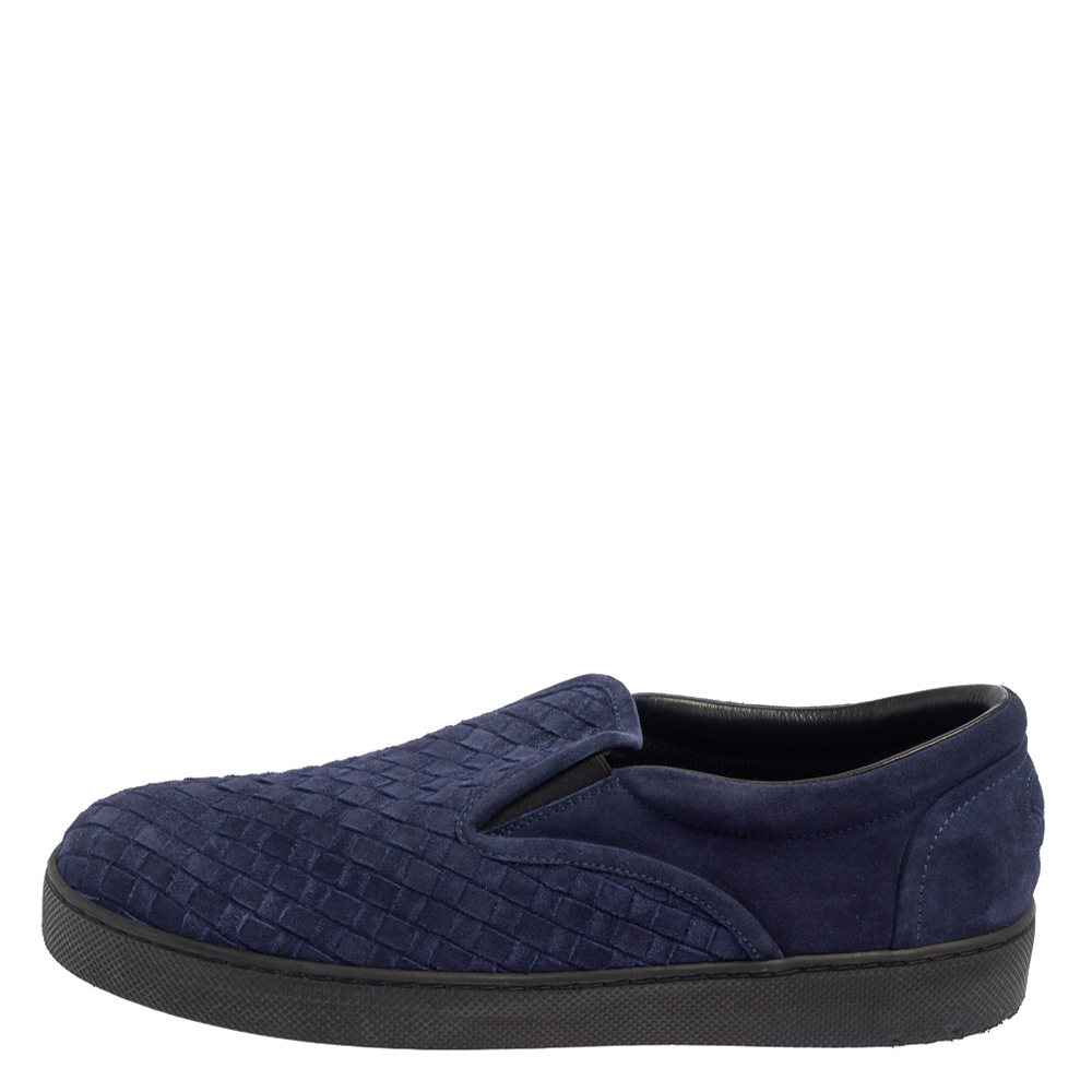 

Bottega Veneta Navy Blue Intreciato Suede Slip on Sneakers Size