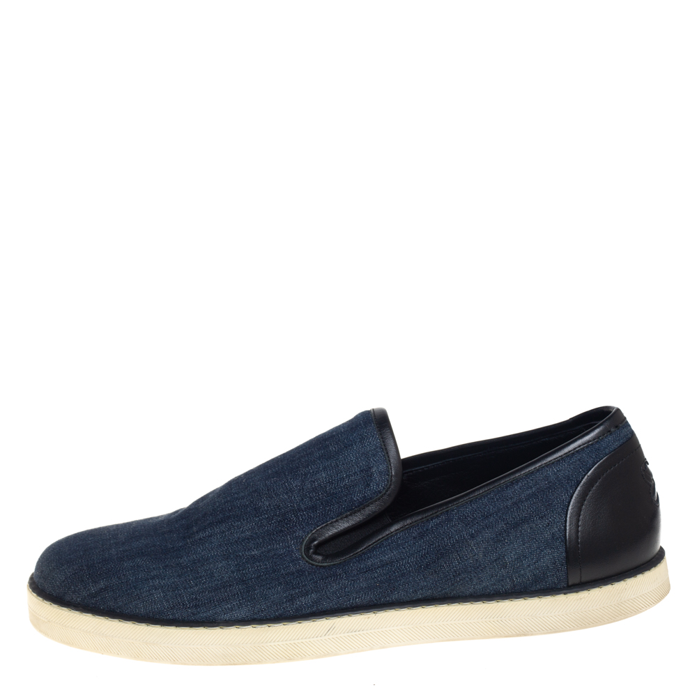 

Bottega Veneta Blue Denim and Black Leather Trim Slip On Sneakers Size
