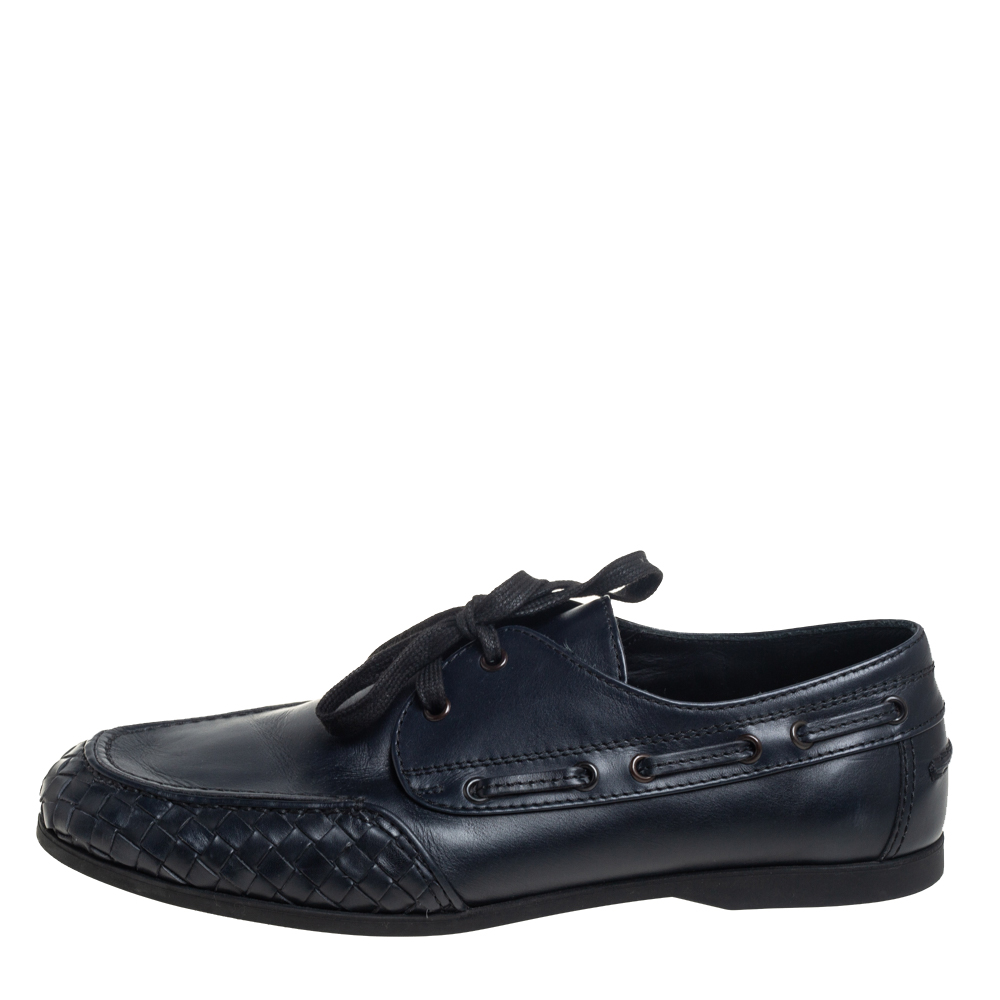 

Bottega Veneta Navy Blue Intrecciato and Leather Lace Up Driving Loafers Size