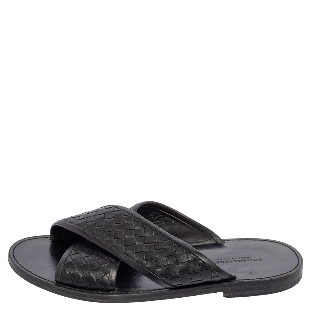 

Bottega Veneta Black Intrecciato Leather Cross Strap Flat Slides Size