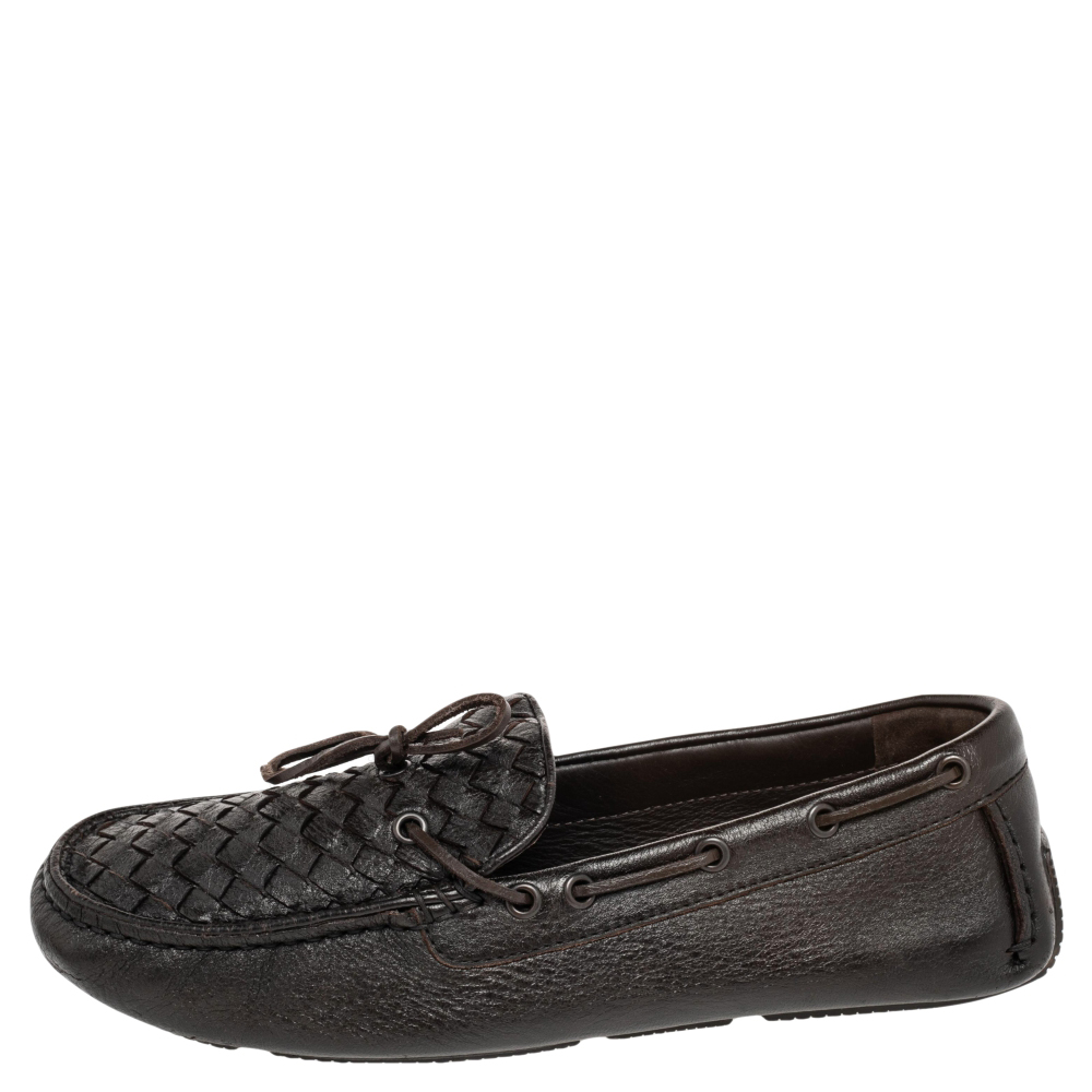 

Bottega Veneta Dark Brown Intrecciato Leather Bow Slip On Loafers Size