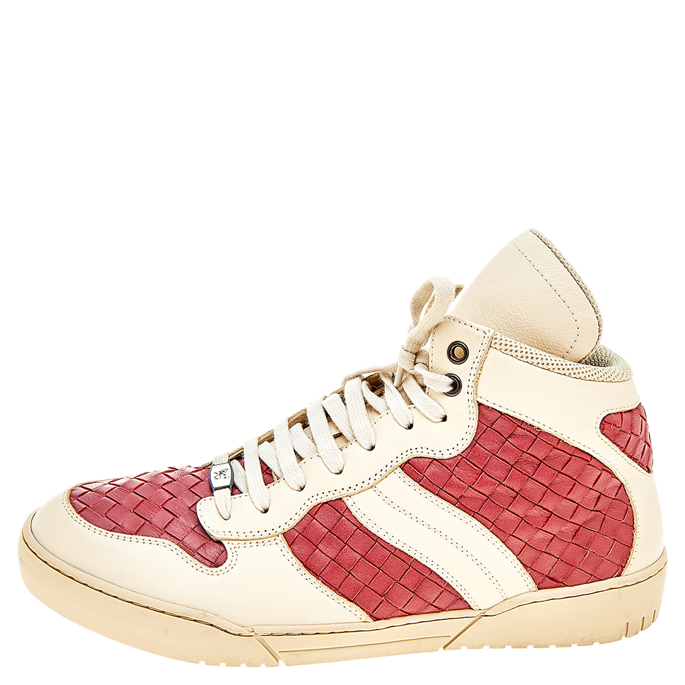 

Bottega Veneta Cream/Maroon Intrecciato Leather High Top Lace Up Sneaker Size