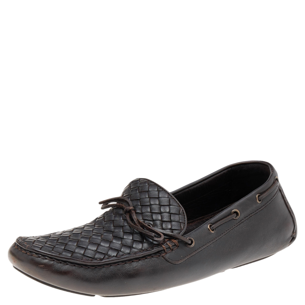 

Bottega Veneta Dark Brown Intrecciato Leather Bow Slip On Loafers Size