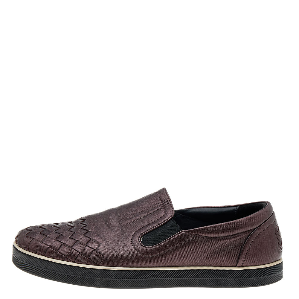 

Bottega Veneta Metallic Brown Intrecciato Leather Slip On Sneakers Size