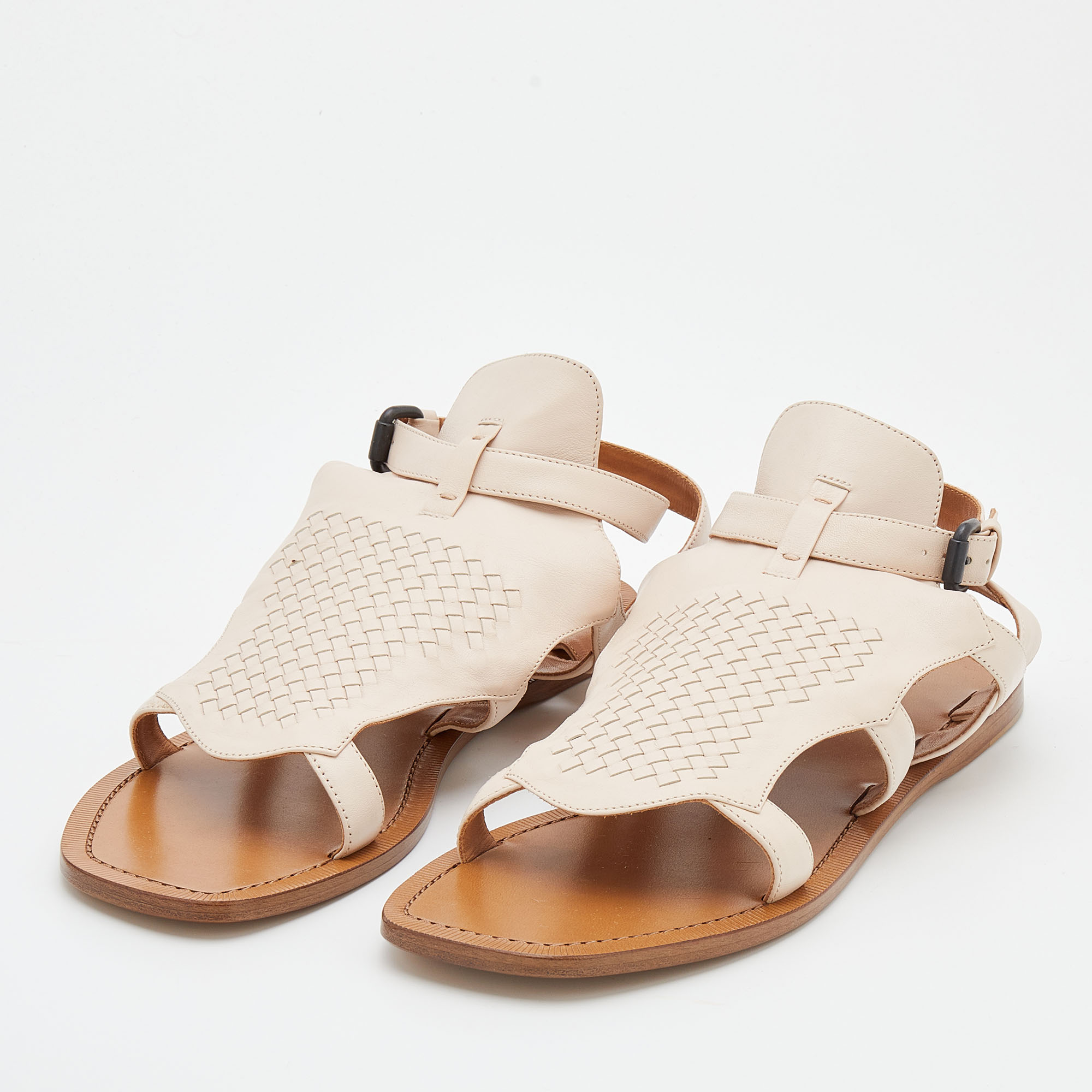 

Bottega Veneta Light Beige Intrecciato Leather Slingback Flat Sandals Size