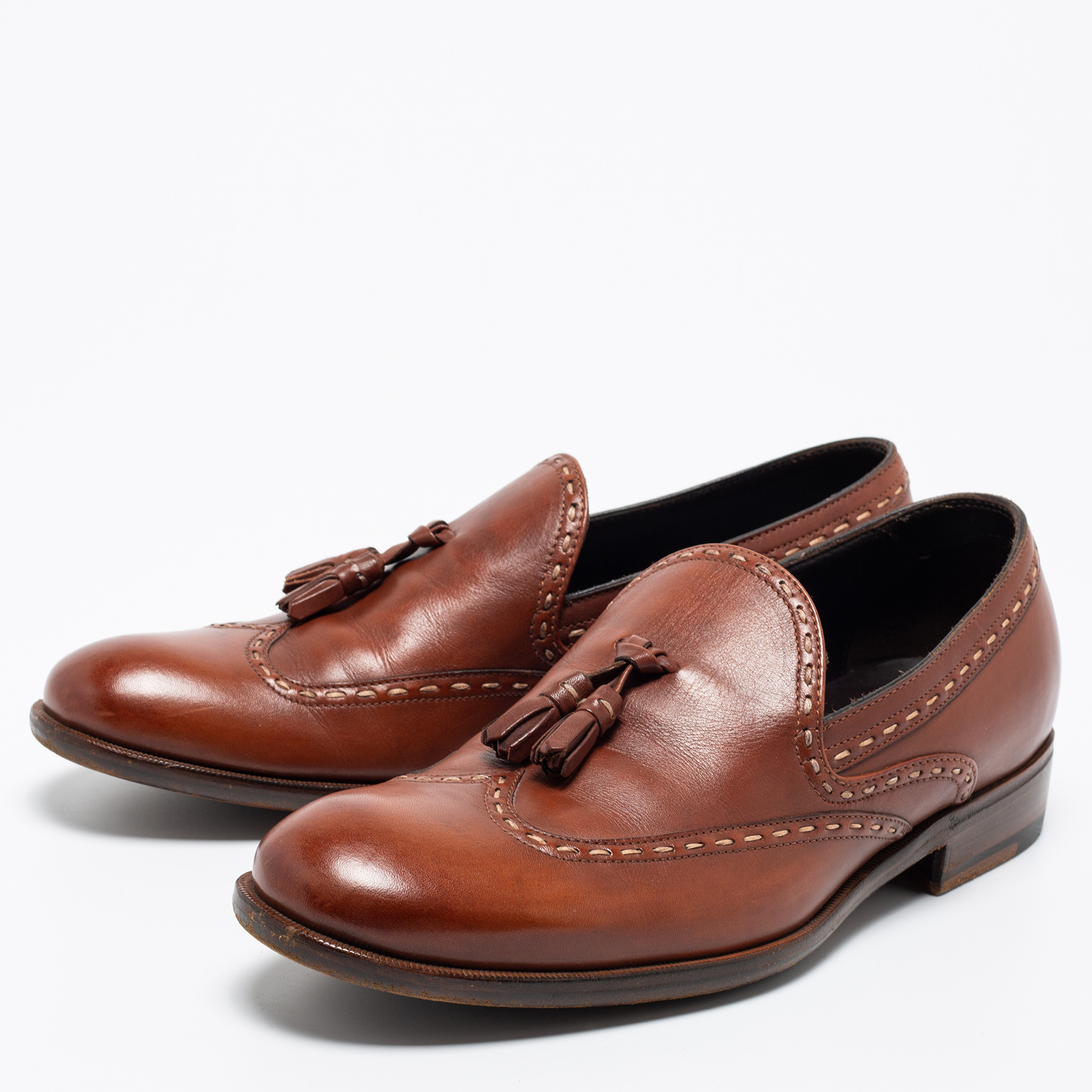 

Bottega Veneta Brown Leather Tassel Slip On Loafers Size