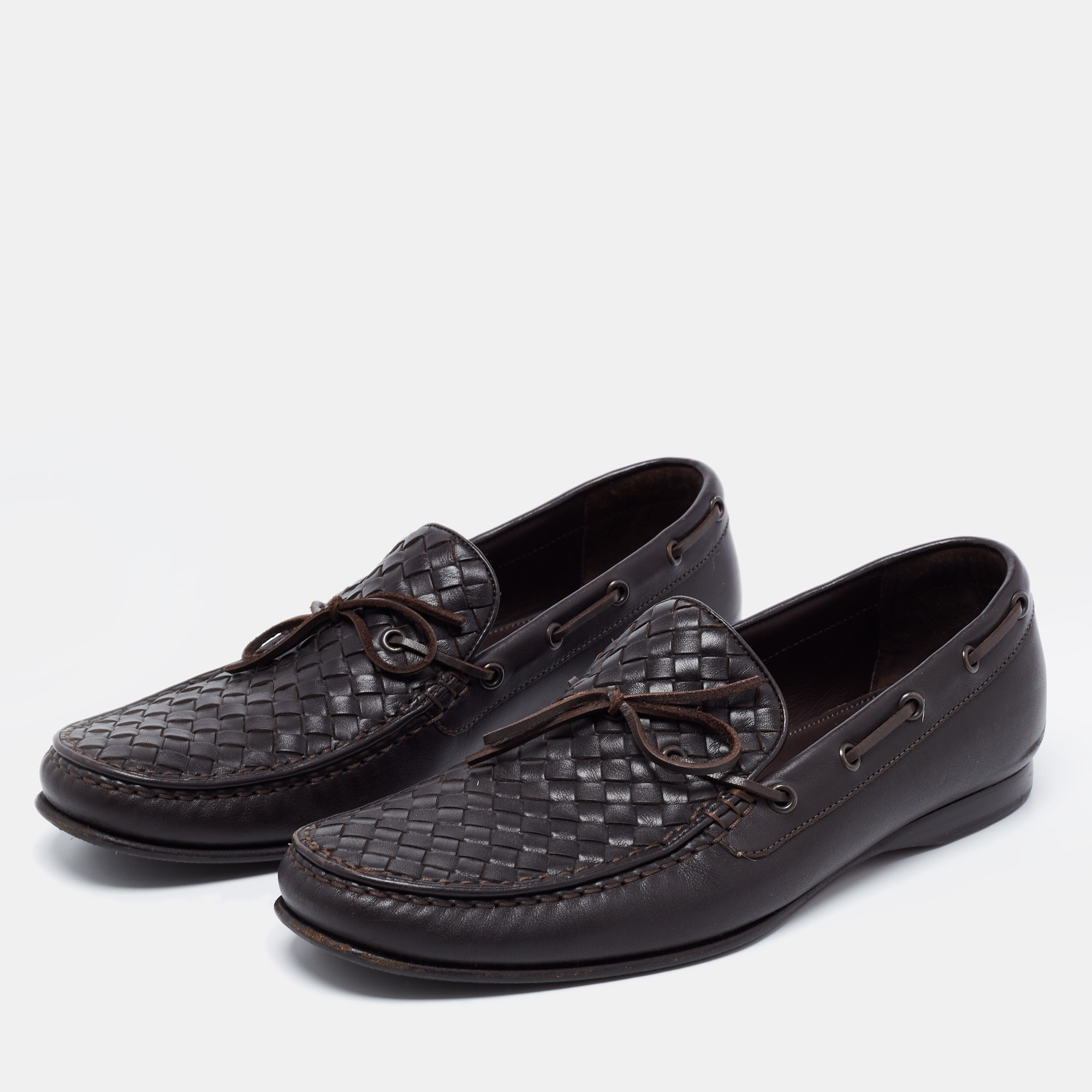 

Bottega Veneta Dark Brown Intrecciato Leather Bow Loafers Size