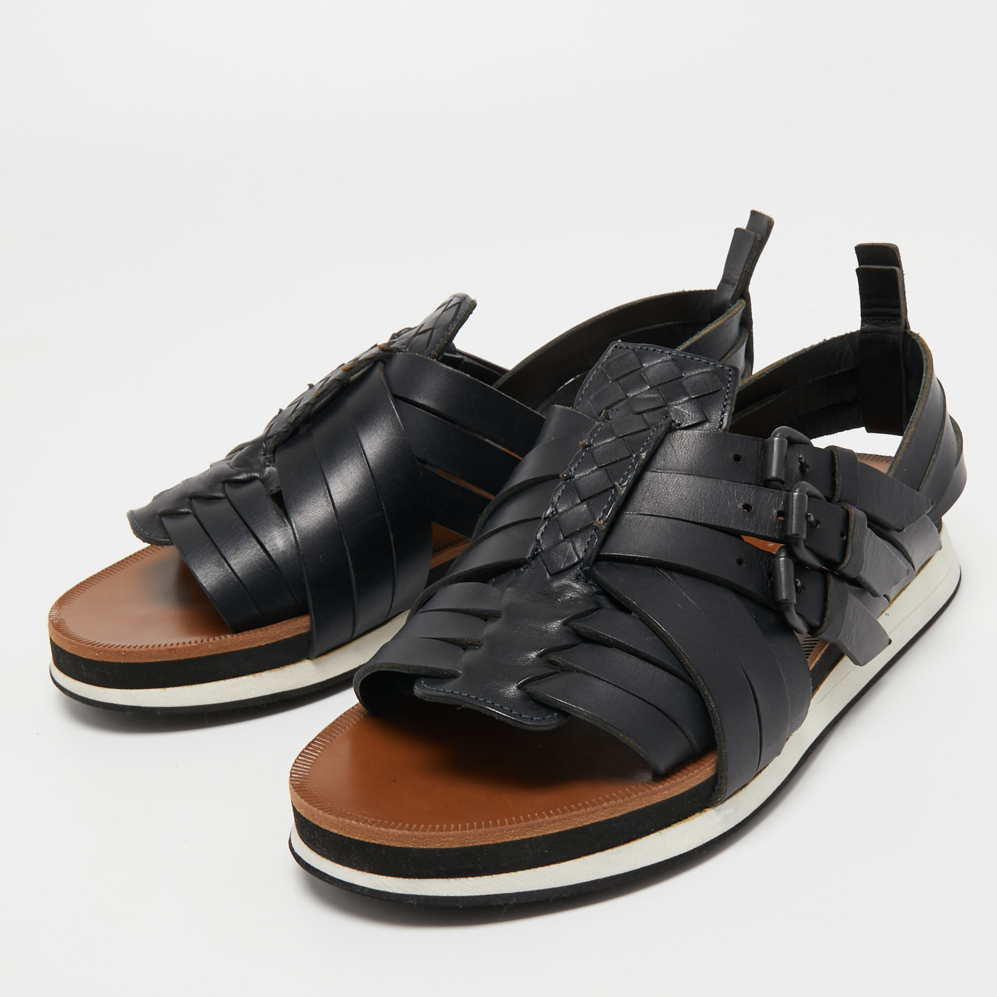 

Bottega Veneta Black Intrecciato and Leather Criss Cross Flat Sandals Size