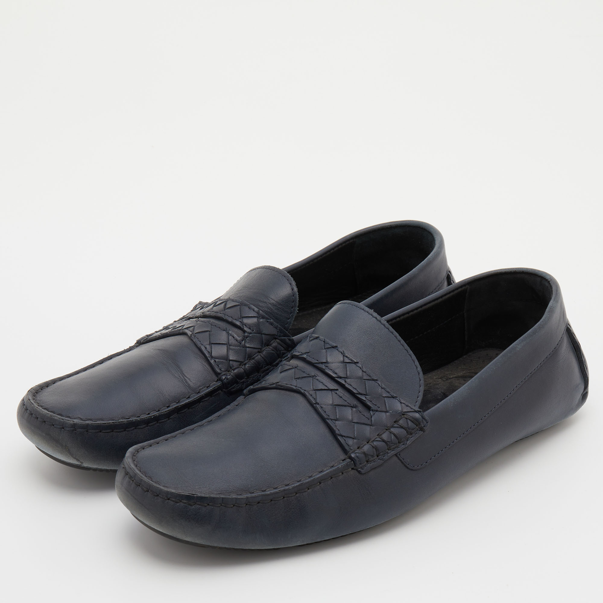 

Bottega Veneta Navy Blue Leather Wave Driver Slip On Loafers Size