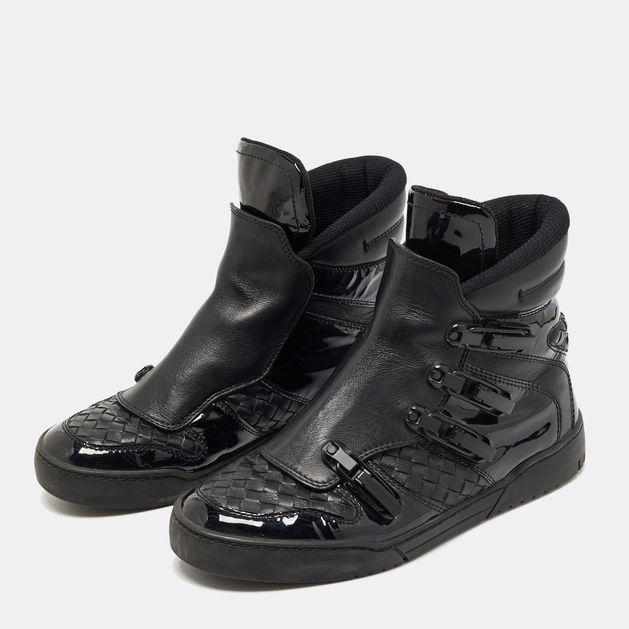 

Bottega Veneta Black Woven Leather and Patent High Top Sneakers Size