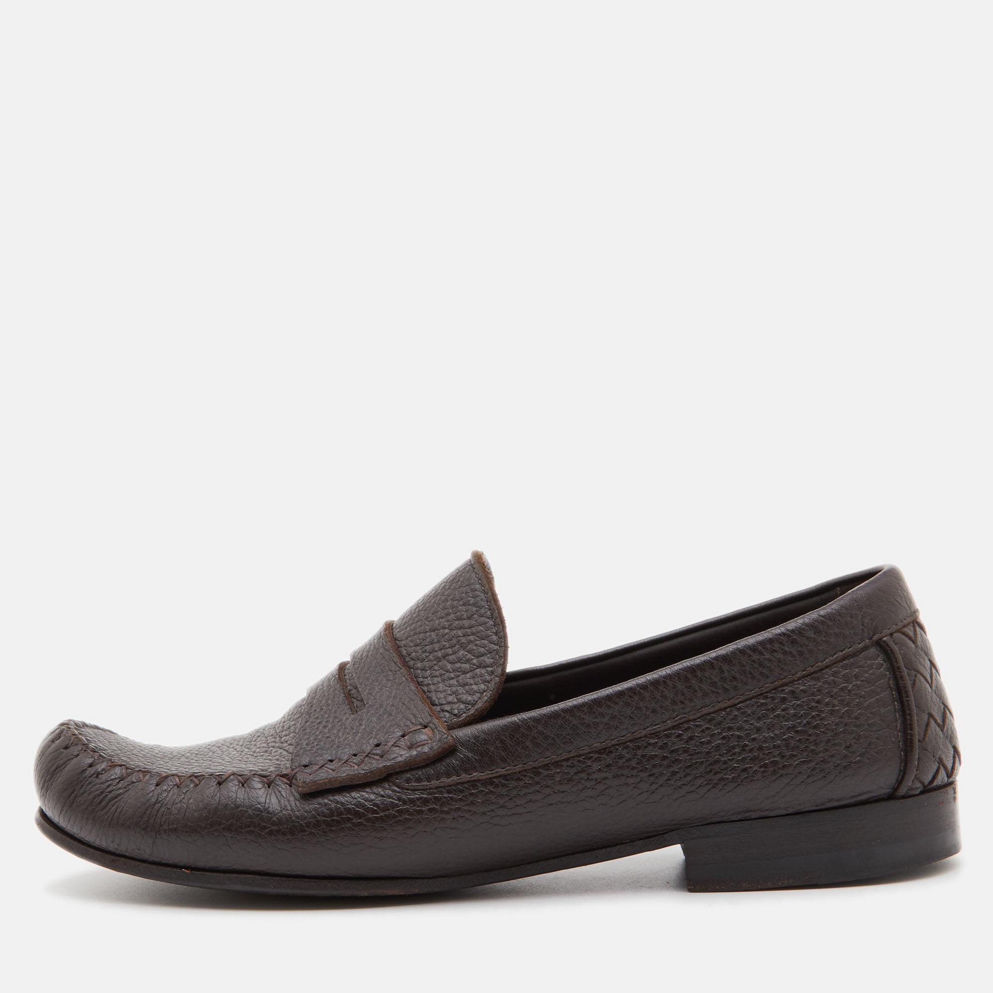 Pre-owned Bottega Veneta Dark Brown Leather Penny Slip On Loafers Size 42